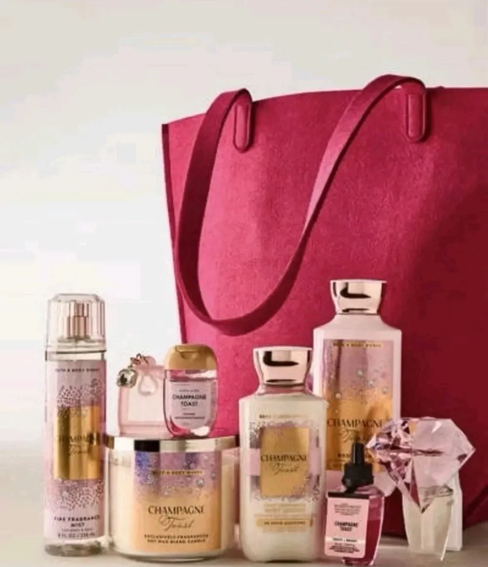 BATH  AND  BODY  WORKS  CHAMPAGNE TOAST TOTE BAG 9-PC GIFT BOX RARE NEW!